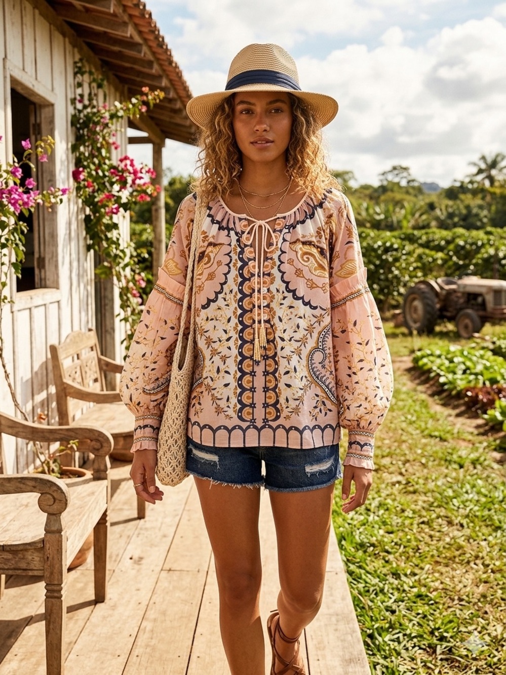 Farm Rio Jaipur Floral Print Poet Blouse, Size XS